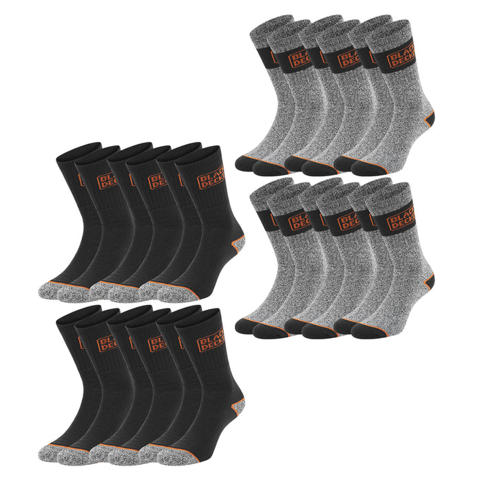 Black+Decker Herren Damen Unisex Sport Socken Essential Crew Baumwolle Black Grey Melange - 6er 9er 12er Pack