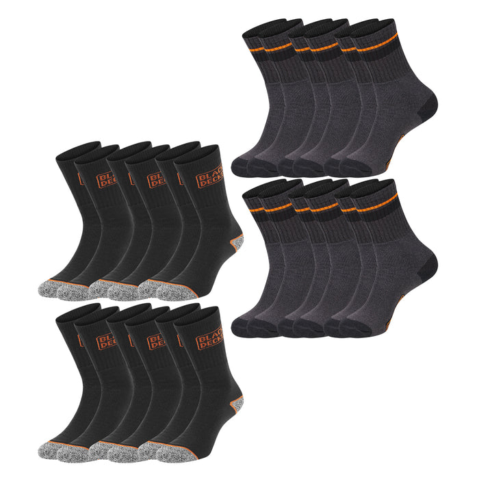 Black+Decker Herren Damen Unisex Sport Socken Essential Crew Baumwolle Black Grey Melange - 6er 9er 12er Pack