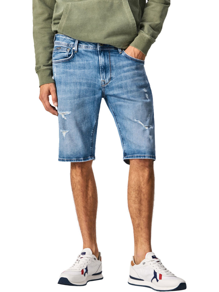 Pepe Jeans Herren Jeans Short STANLEY - Tapered Fit - Blau - Light Wiser Destroy