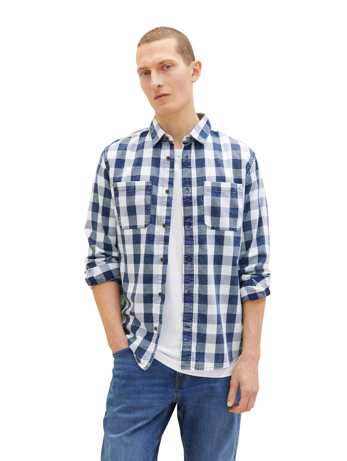 Tom Tailor Herren Langarm Hemd INDIGO CHECK - Regular Fit