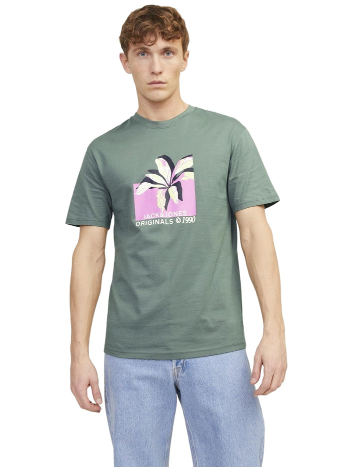 Jack & Jones Herren Rundhals T-Shirt JORTAMPA AOP BRANDING - Relaxed Fit