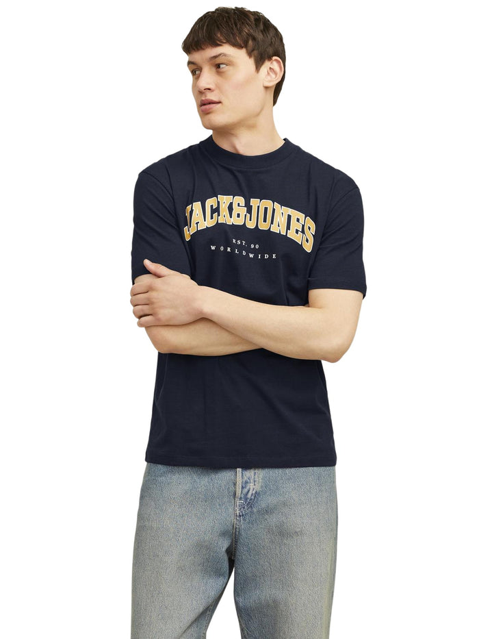 Jack & Jones Herren Rundhals T-Shirt JJECALEB VARSITY - Relaxed Fit