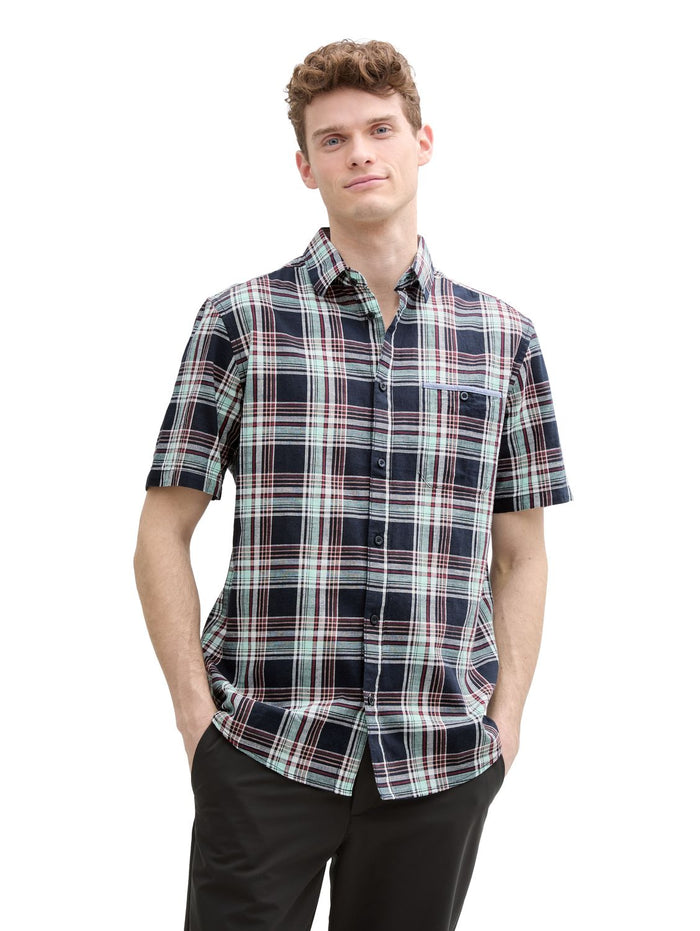 Tom Tailor Herren Kurzarm Hemd CHECKED SLUBYARN SHIRT - Regular Fit