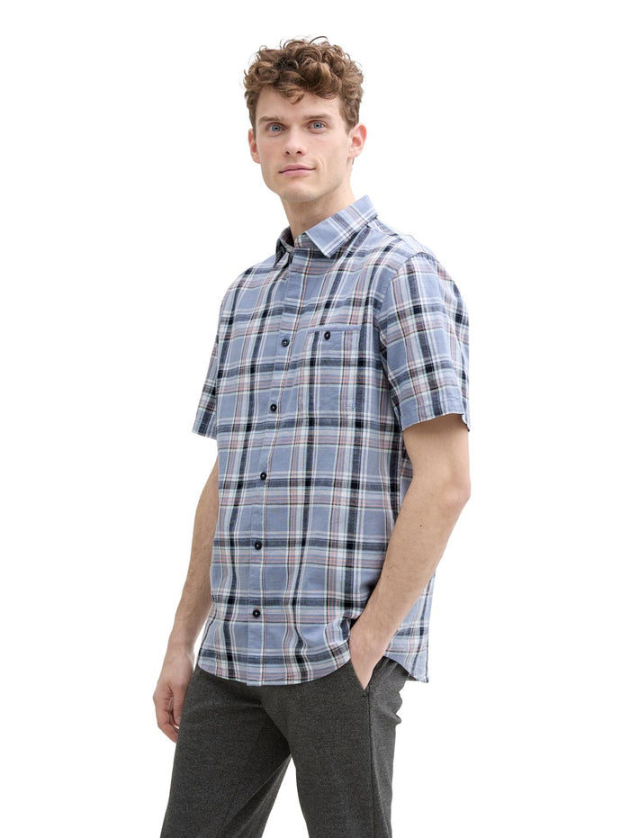 Tom Tailor Herren Kurzarm Hemd CHECKED SLUBYARN SHIRT - Regular Fit