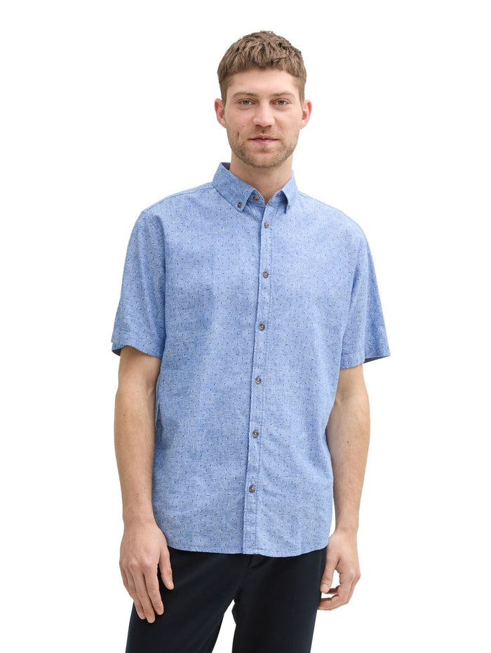 Tom Tailor Herren Kurzarm Hemd PRINTED COTTON LINEN SHIRT - Regular Fit