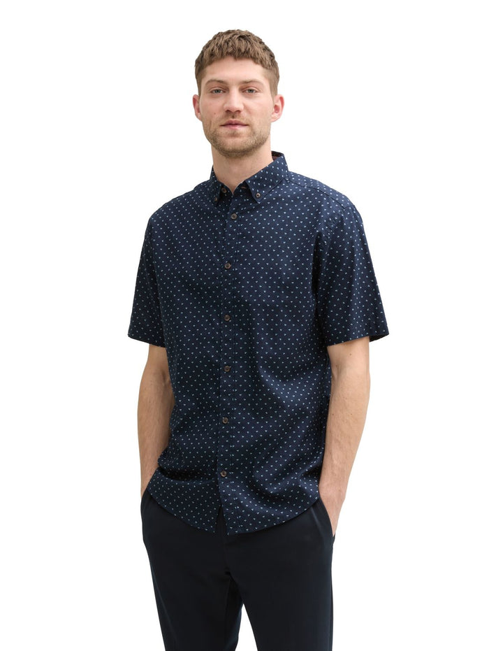Tom Tailor Herren Kurzarm Hemd PRINTED COTTON LINEN SHIRT - Regular Fit