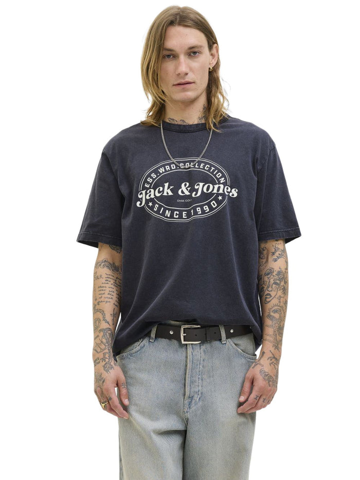 Jack & Jones Herren Rundhals T-Shirt JJEDOVER PRINT TEE SS CREW NECK - Relaxed Fit
