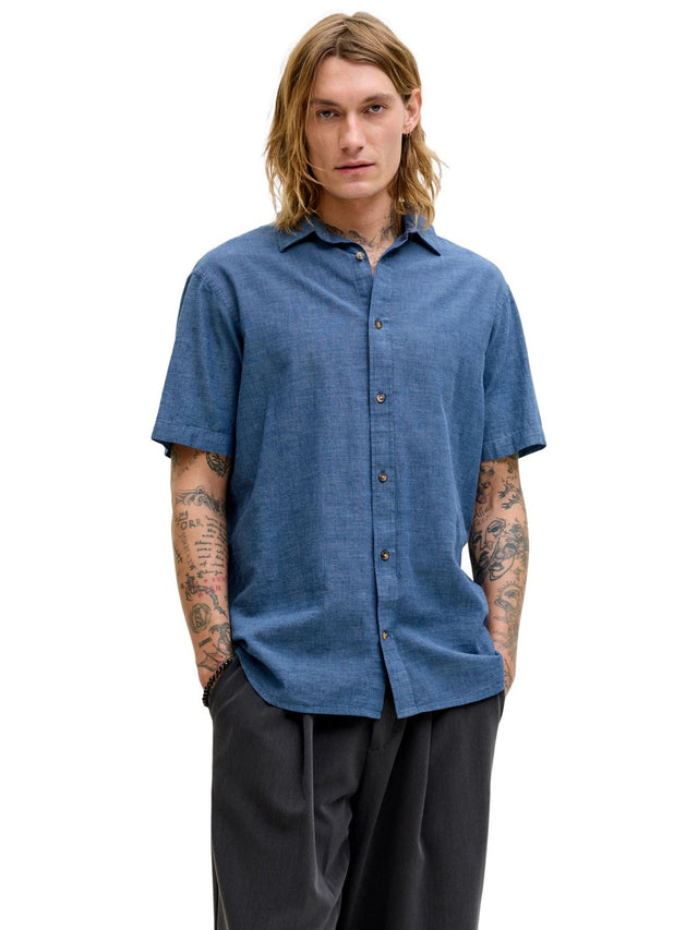 Jack & Jones Herren Kurzarm Hemd JJESUMMER LINEN BLEND Regular Fit